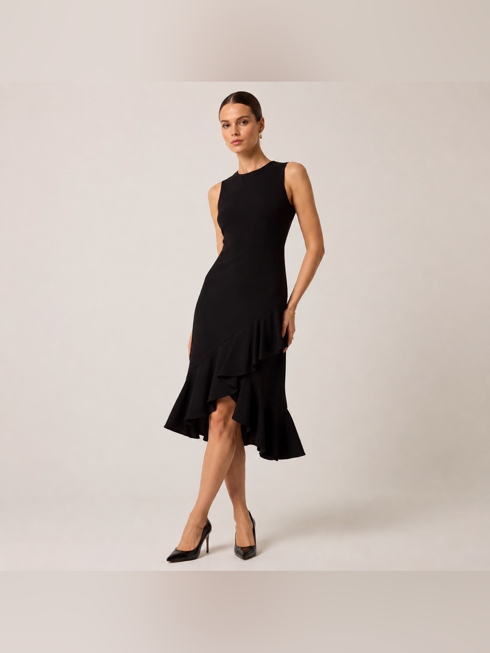 Calvin Klein Dress Womens 8 Black Ruffled Hem Cocktail Midi New